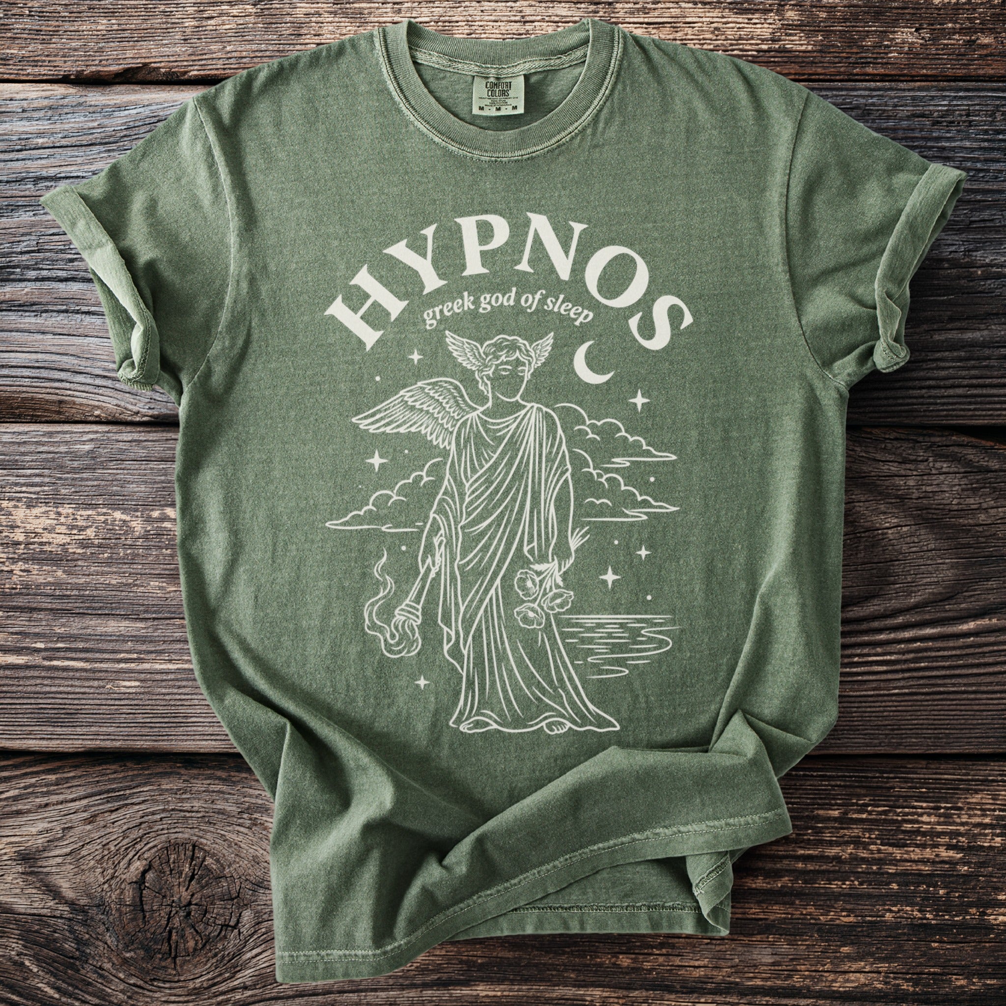 Green t-shirt with Hypnos Greek God of Sleep graphic featuring winged figure and moon.