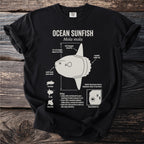 Black t-shirt with "OCEAN SUNFISH Mola mola" graphic and biological details.