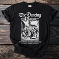 Black t-shirt with "The Dancing Plague" text and a vintage illustration of dancing people.