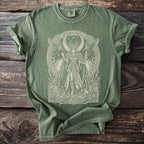Green t-shirt with a white graphic of a Norse goddess and ravens.