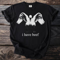 Black t-shirt with swan graphic and "i have beef" text.