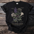 Black t-shirt with an illustration of poison plants including monkshood, henban, mandrake, and deadly nightshade.