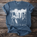 Dark blue t-shirt with "girls will be girls" and spooky figures in a cornfield.