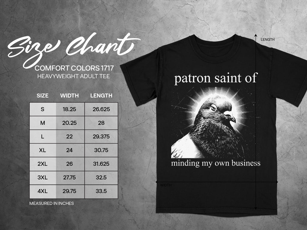 Black t-shirt with a grey size chart and a dove graphic with text.