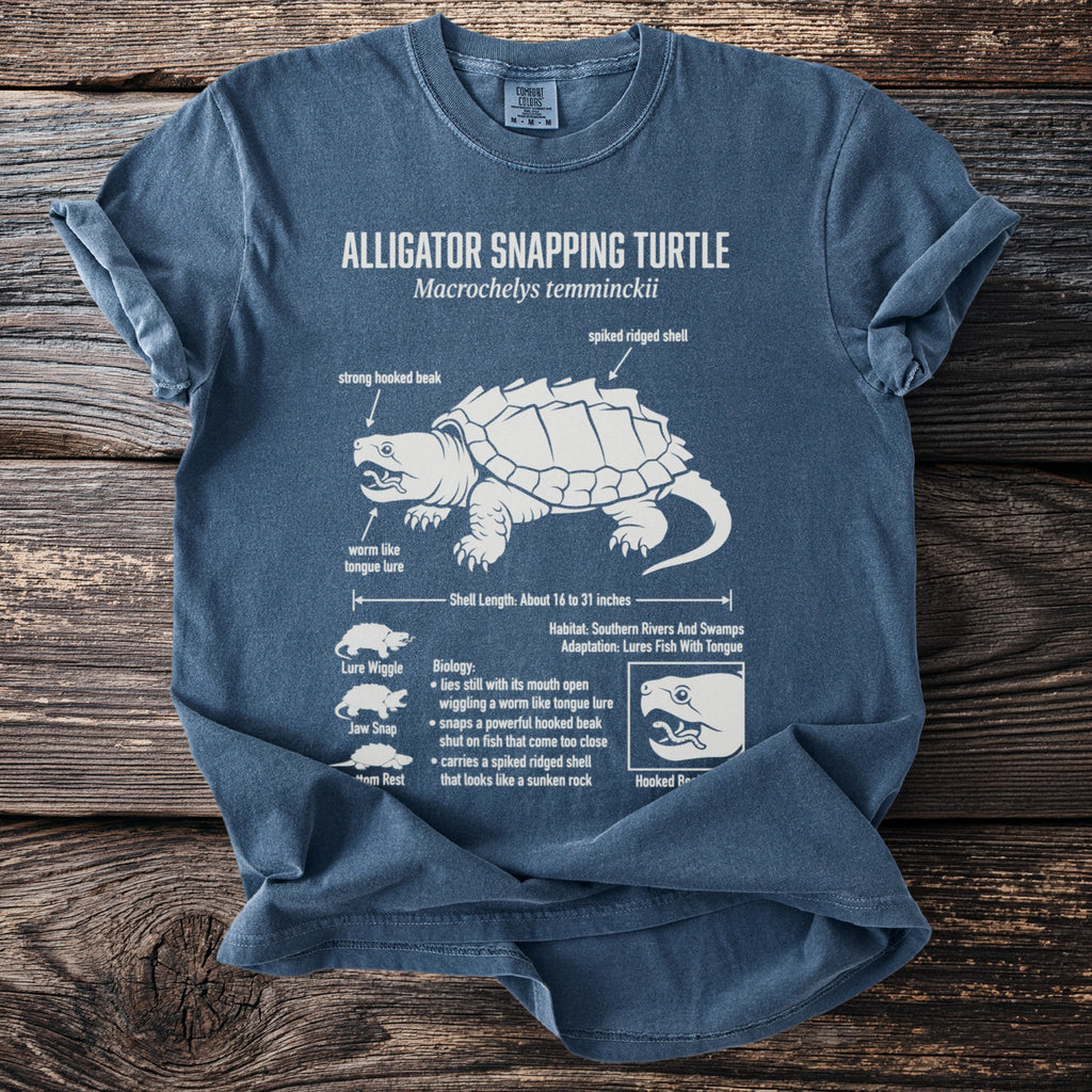 Alligator snapping turtle diagram on a blue t-shirt with scientific facts.