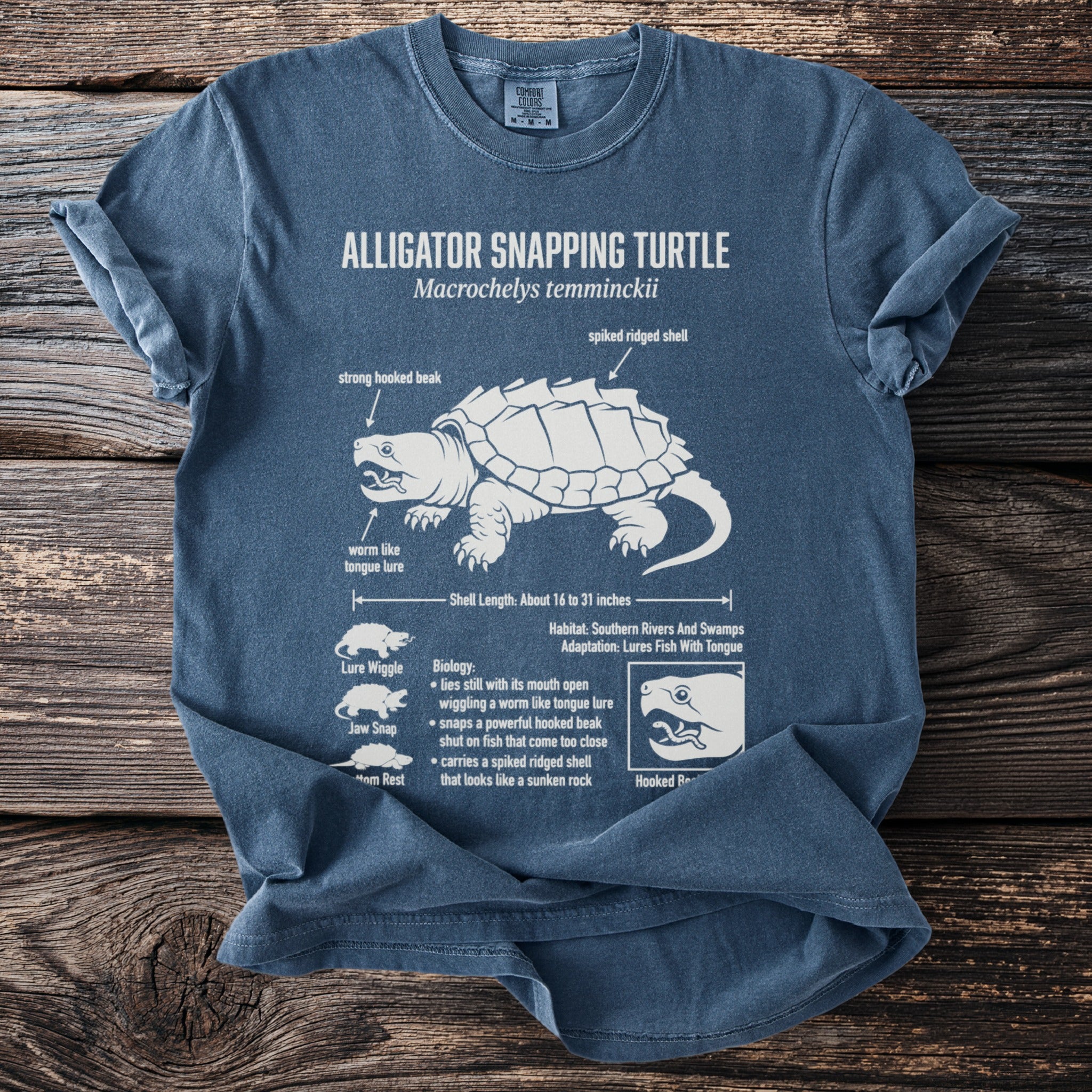 Alligator snapping turtle diagram on a blue t-shirt with scientific facts.
