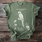 Green t-shirt with a blue and gold macaw diagram, its biology, and adaptations.