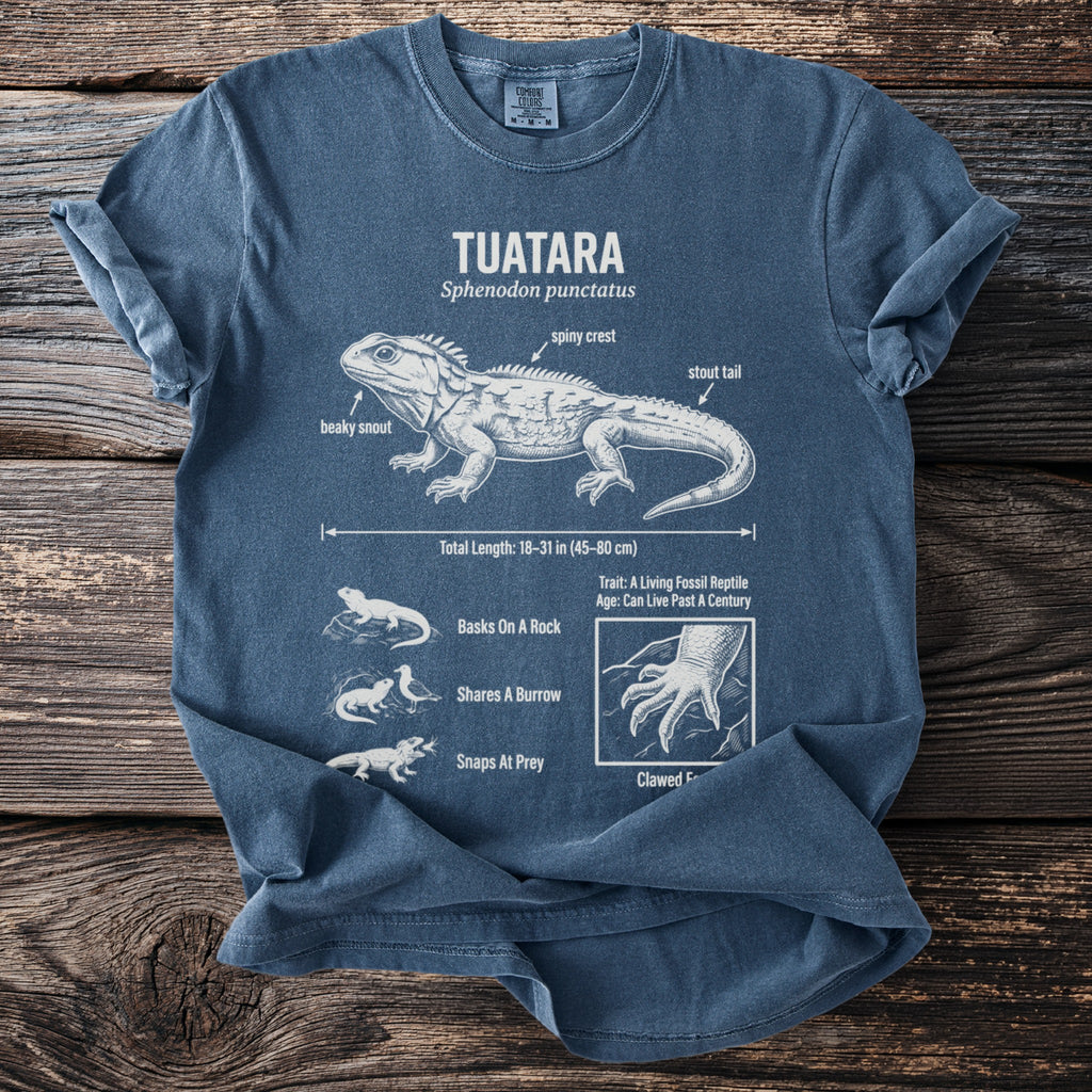 Navy t-shirt with white diagram of a tuatara detailing its anatomy and behaviors.