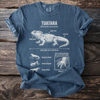 Navy t-shirt with white diagram of a tuatara detailing its anatomy and behaviors.