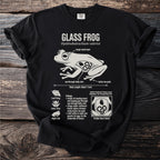 Glass frog illustration with biological details, life stages, and visible heart.