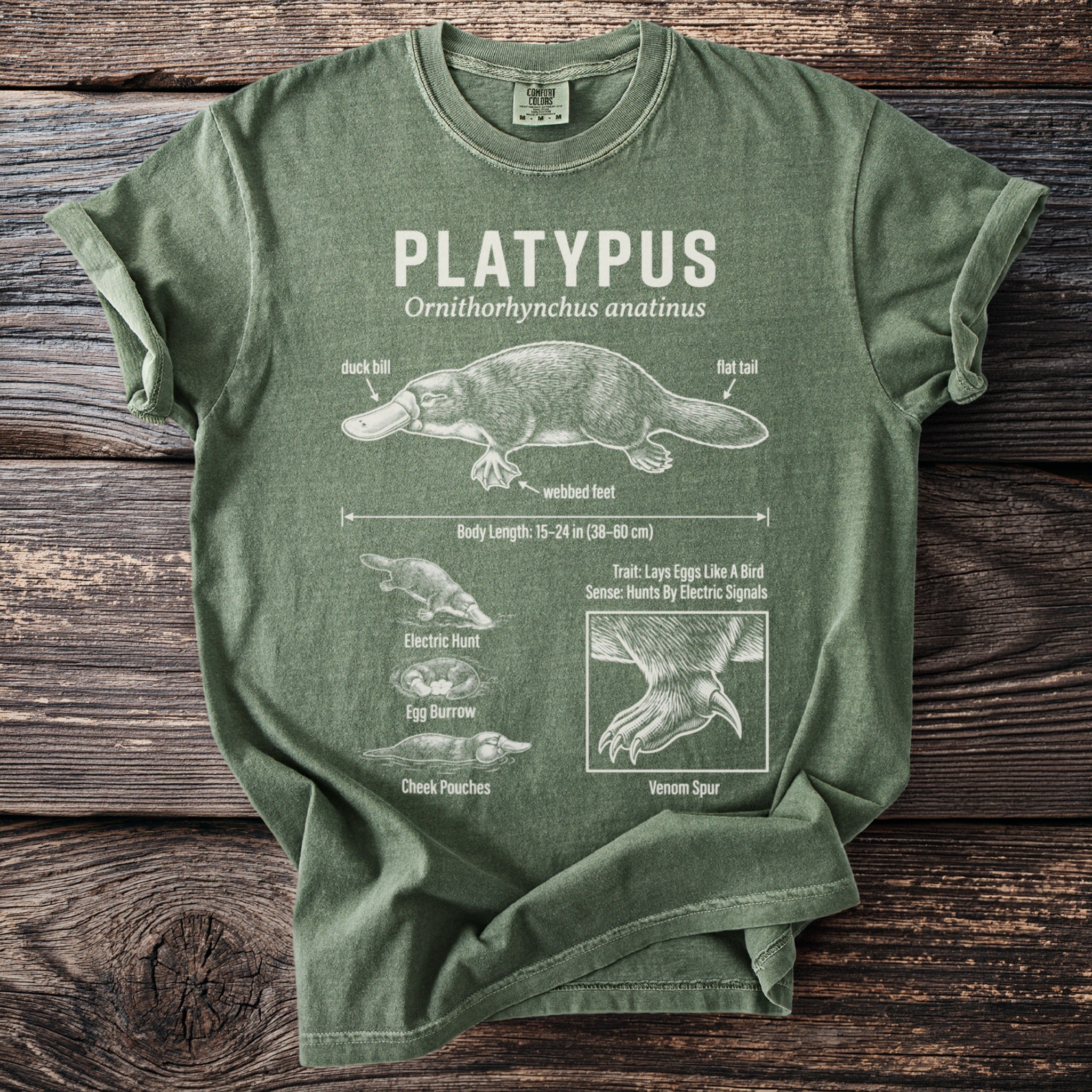 Green t-shirt with platypus anatomical illustration and facts.