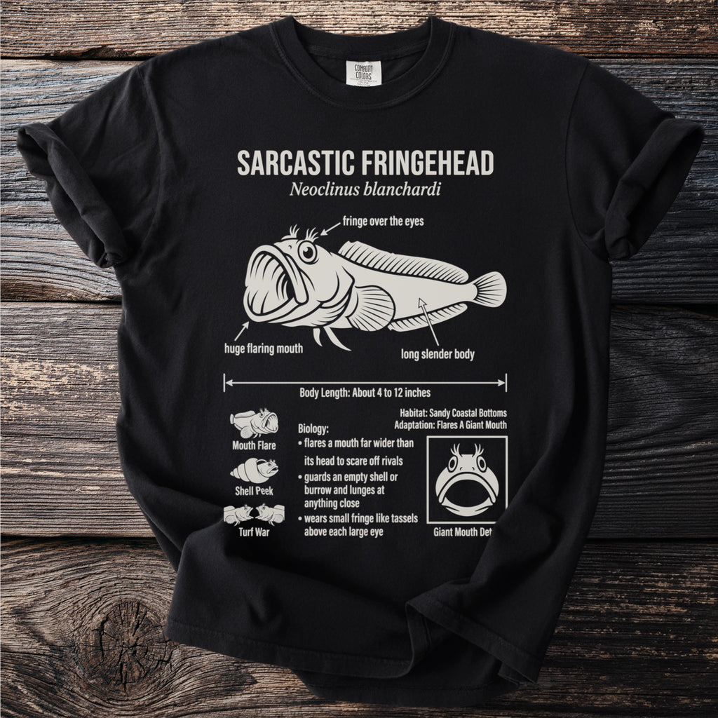 Black t-shirt featuring a diagram of the Sarcastic Fringehead fish with labeled features.