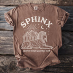Brown t-shirt with Sphinx and pyramids graphic, reading "Sphinx" and "egyptian temple guardian myth."
