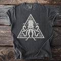 Dark gray t-shirt with a white triangle graphic of a creature's head with tentacles.