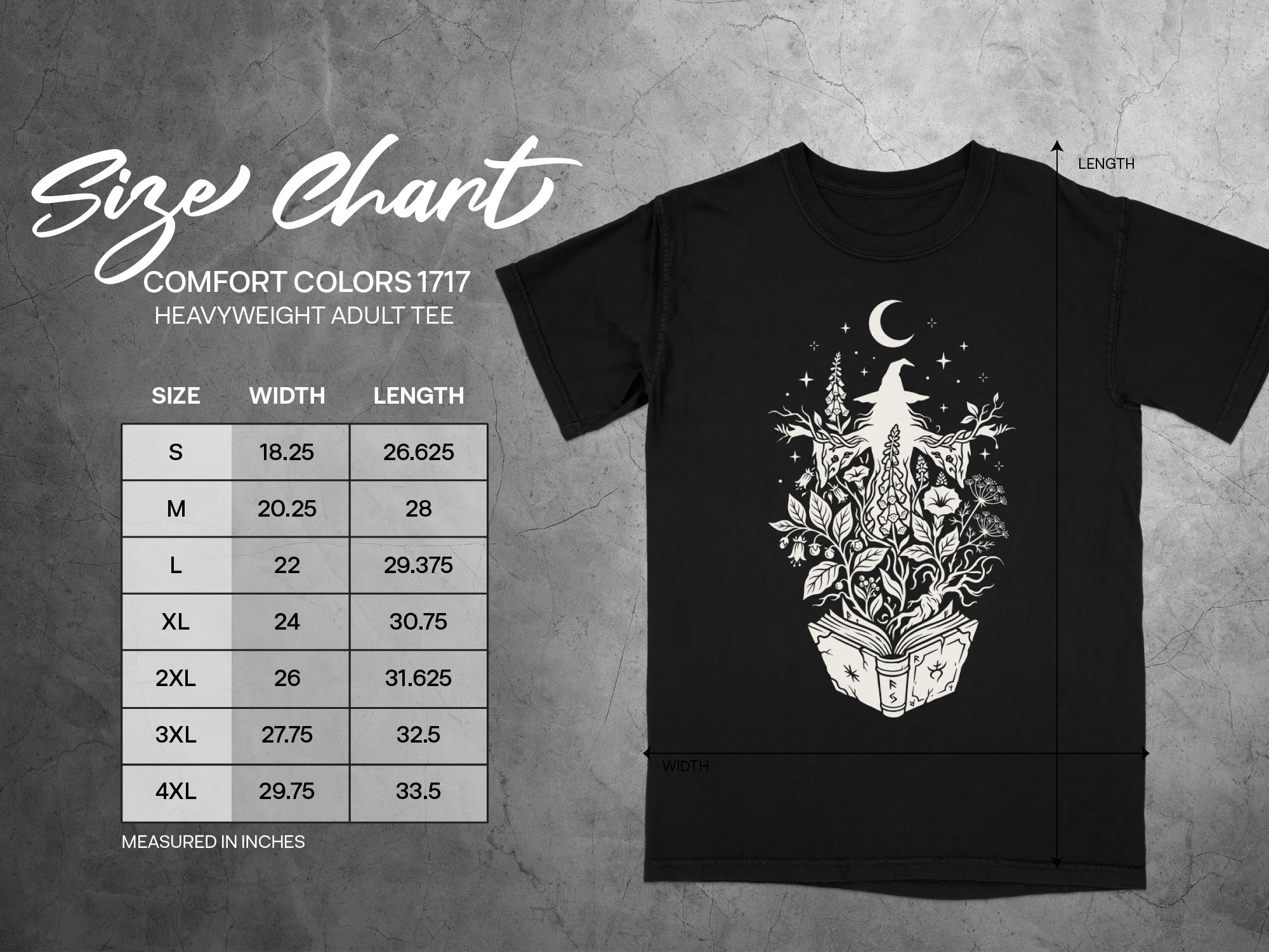 Comfort Colors 1717 heavyweight adult tee size chart for width and length.