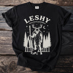 Black t-shirt with Leshy Slavic forest god folklore design and a wolf.