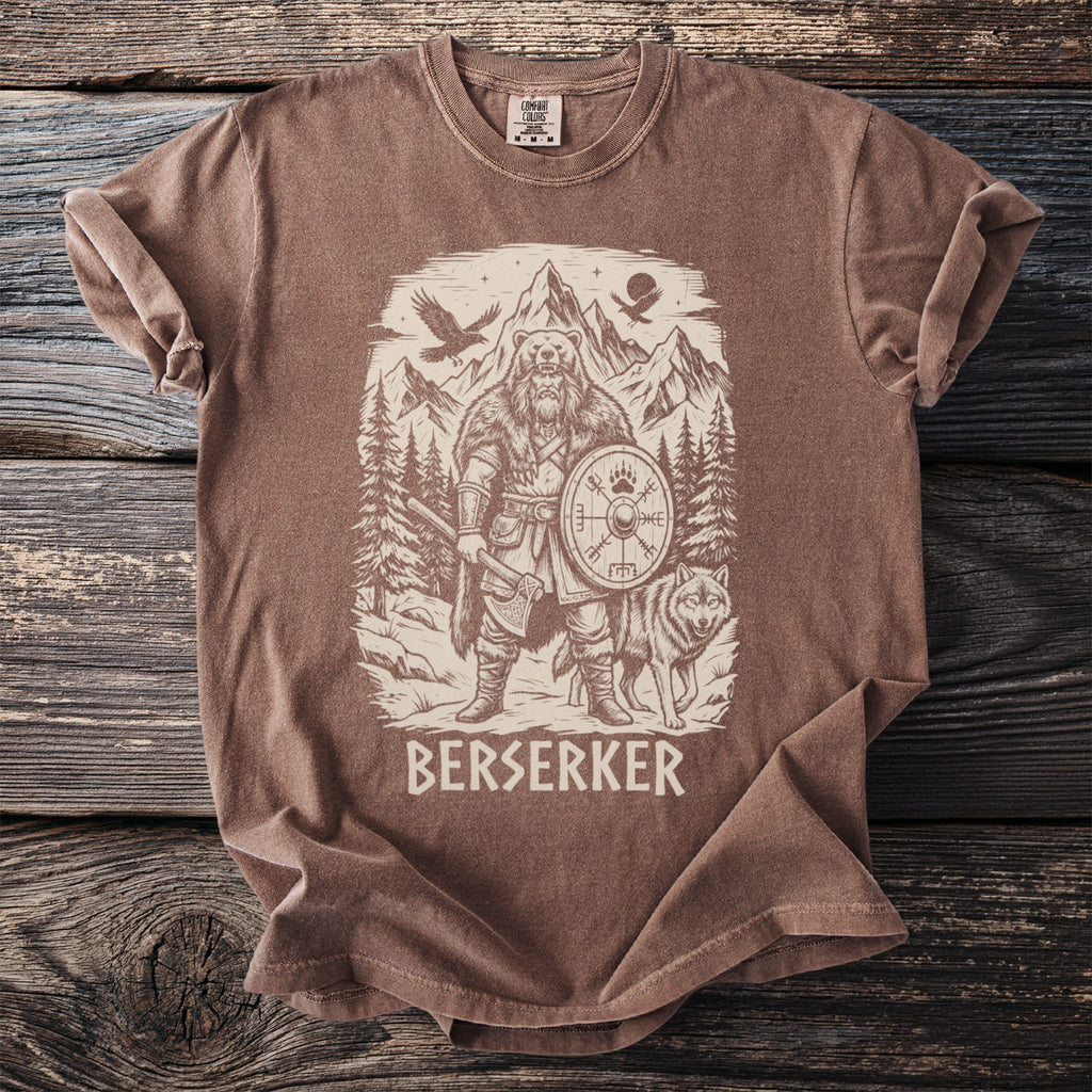 Brown t-shirt with a graphic of a bear-man, wolf, and Viking shield.
