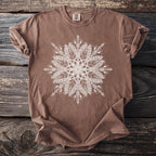 Brown t-shirt with white feather mandala graphic and Comfort Colors tag