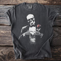 Dark gray t-shirt with skeleton in tuxedo holding a rose and forming heart shape.
