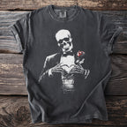 Dark gray t-shirt with skeleton in tuxedo holding a rose and forming heart shape.