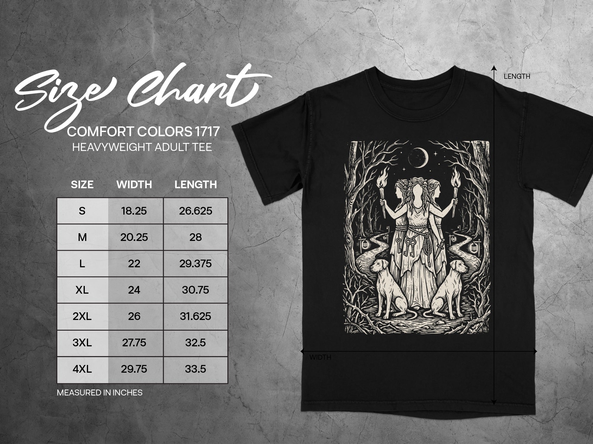 Comfort Colors 1717 heavyweight adult tee size chart with width and length measurements.