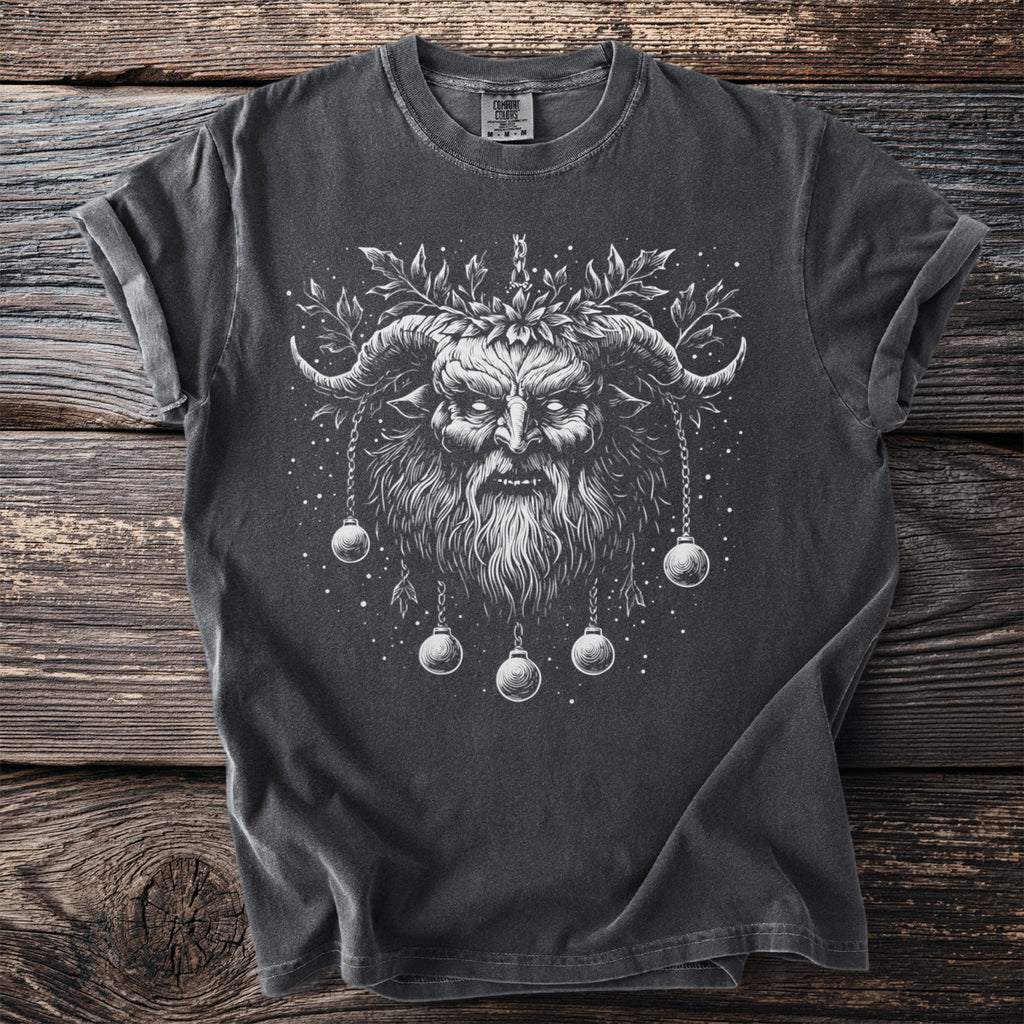 Dark t-shirt with a white illustration of Krampus with horns, beard, and hanging ornaments.