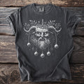 Dark t-shirt with a white illustration of Krampus with horns, beard, and hanging ornaments.