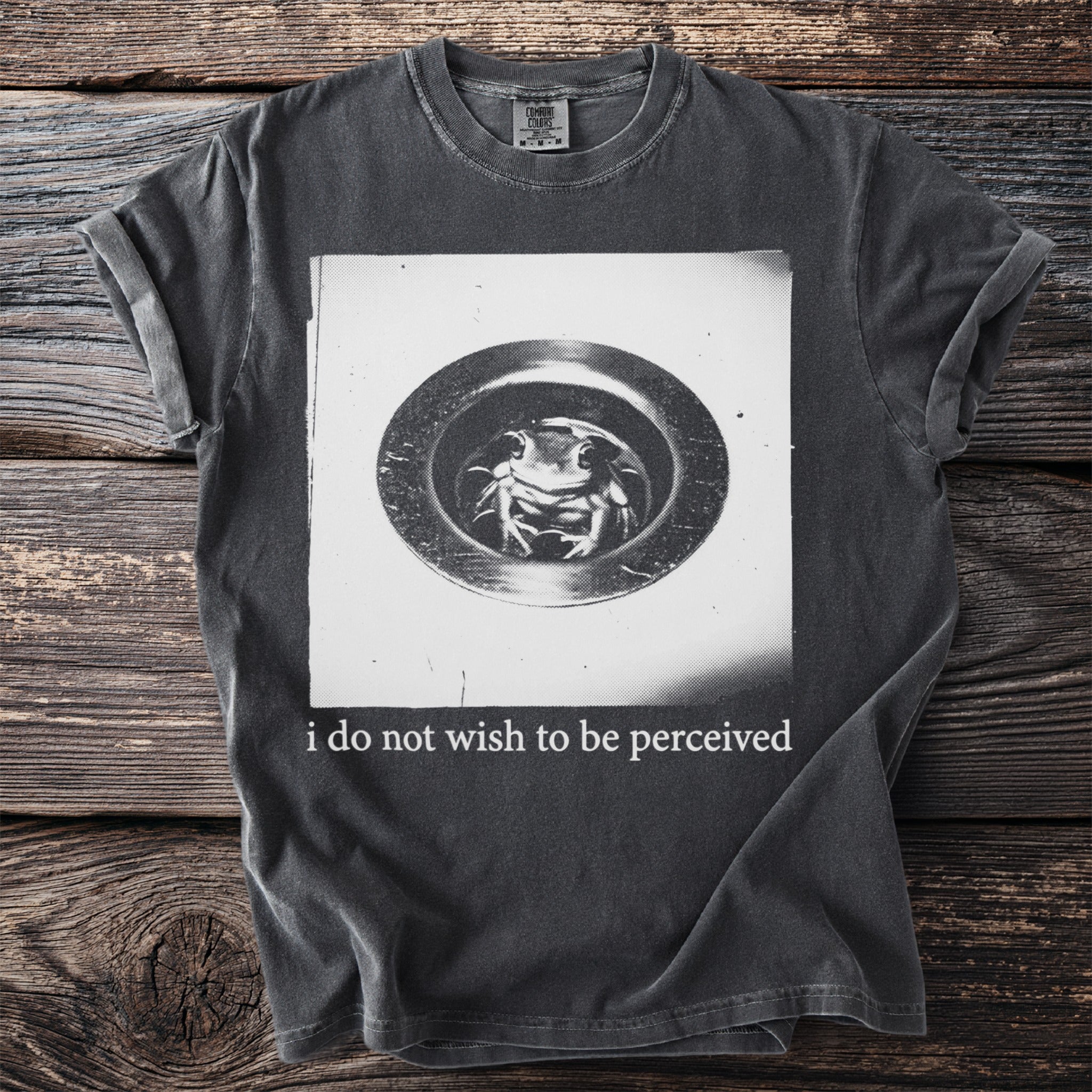 Dark gray t-shirt with a sink drain and frog graphic and "i do not wish to be perceived" text.