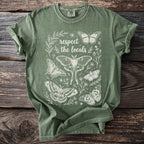 Green t-shirt with white line art of various butterflies and "respect the locals" text.