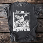 Dark grey t-shirt with white text and illustration of a goose.