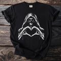 Black t-shirt with a grim reaper making a heart shape with skeletal hands.