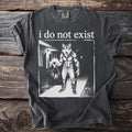 T-shirt with text "i do not exist" and a werewolf holding flowers.