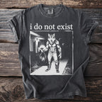 T-shirt with text "i do not exist" and a werewolf holding flowers.