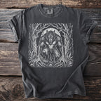 Werewolf illustration on a dark gray t-shirt with a full moon and forest background.