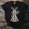 Black t-shirt with a light tan graphic of a figure with antlers holding a sun symbol.