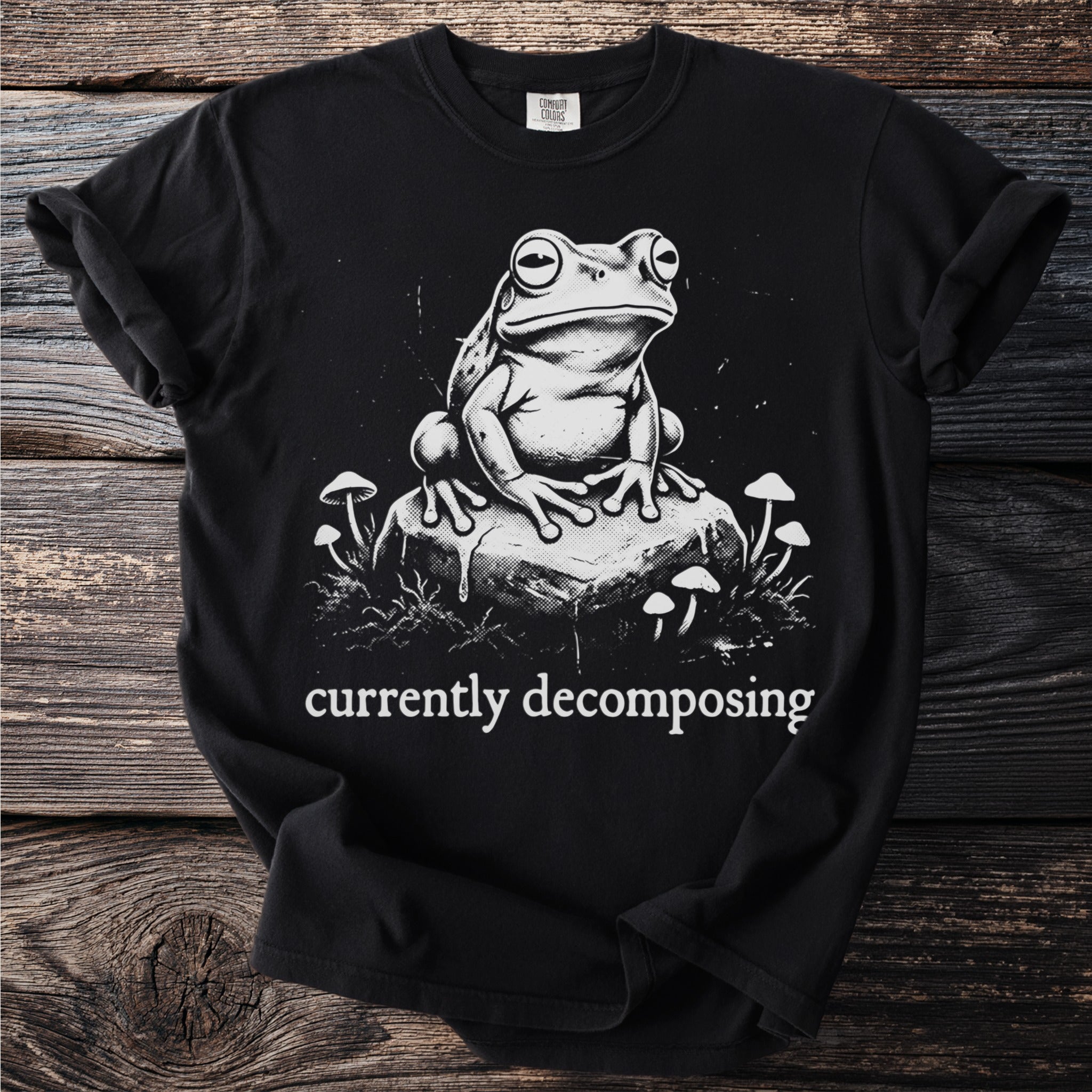 Black t-shirt with a frog sitting on a rock and the text "currently decomposing".