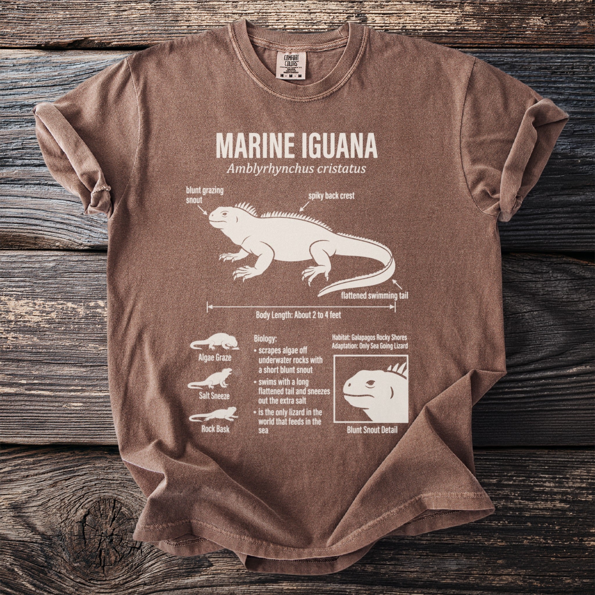Marine Iguana shirt with scientific details and illustrations of its adaptations.