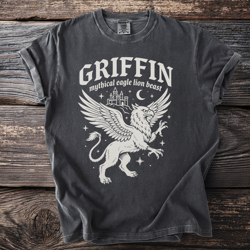 Dark t-shirt with a white griffin graphic and the text "GRIFFIN mythical eagle lion beast."
