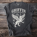 Dark t-shirt with a white griffin graphic and the text "GRIFFIN mythical eagle lion beast."