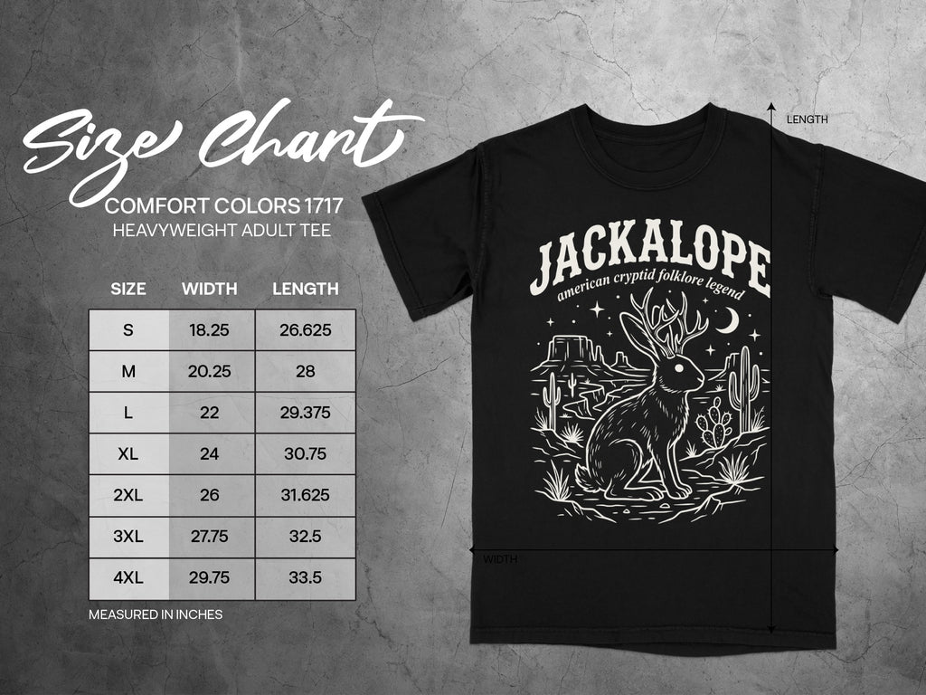 Comfort Colors 1717 heavyweight adult tee size chart with jackalope graphic.