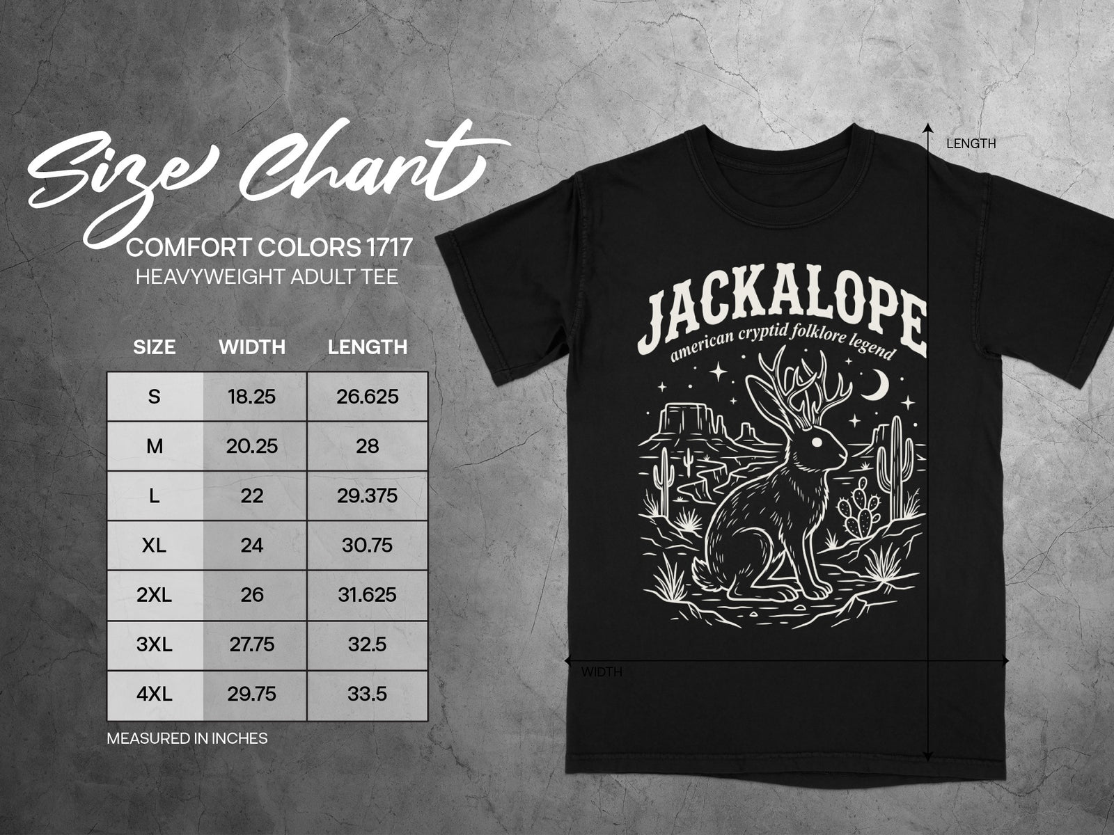 Comfort Colors 1717 heavyweight adult tee size chart with jackalope graphic.