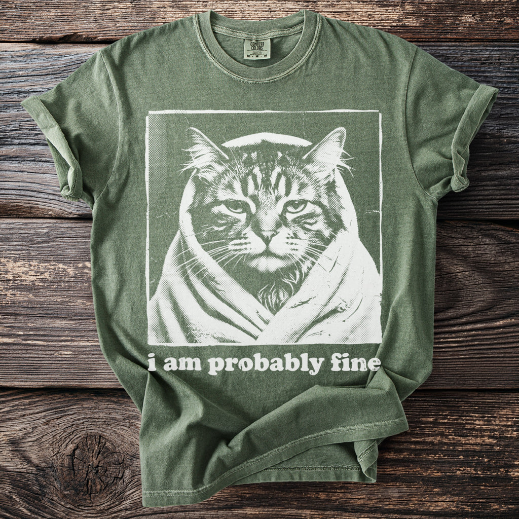 Green t-shirt with a graphic of a cat wrapped in a blanket and text "i am probably fine".