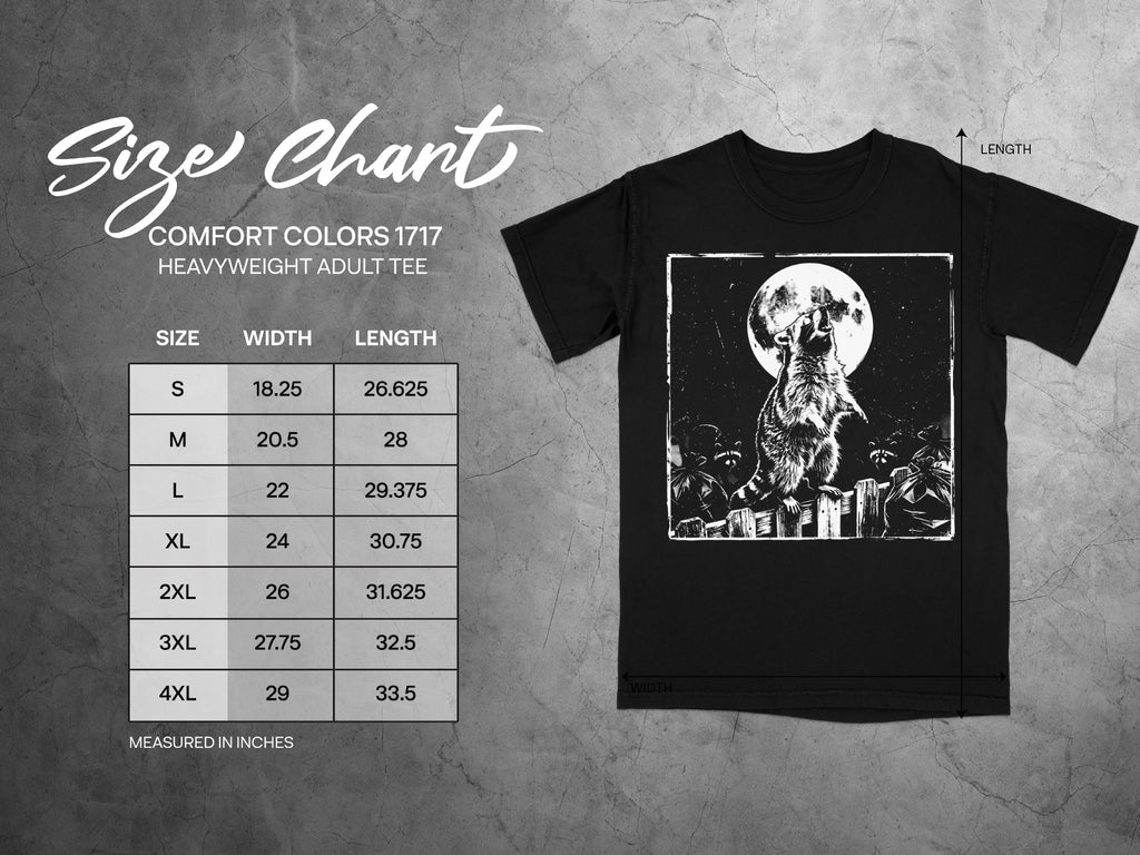 Comfort Colors 1717 heavyweight adult tee size chart with raccoon graphic and moon.