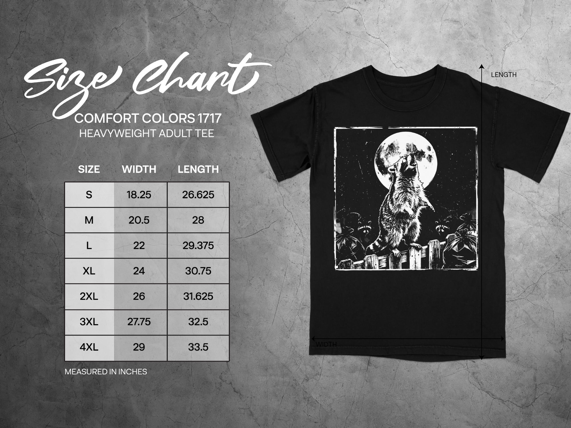 Comfort Colors 1717 heavyweight adult tee size chart with raccoon graphic and moon.