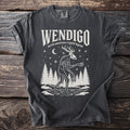 Dark grey t-shirt with white graphic of a Wendigo and text "Wendigo north american cryptid legend".