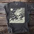 Dark gray t-shirt with a cream skull, bats, moon, and clouds graphic.