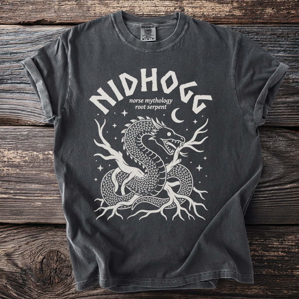 Dark grey t-shirt with white "Nidhoggr norse mythology root serpent" graphic.