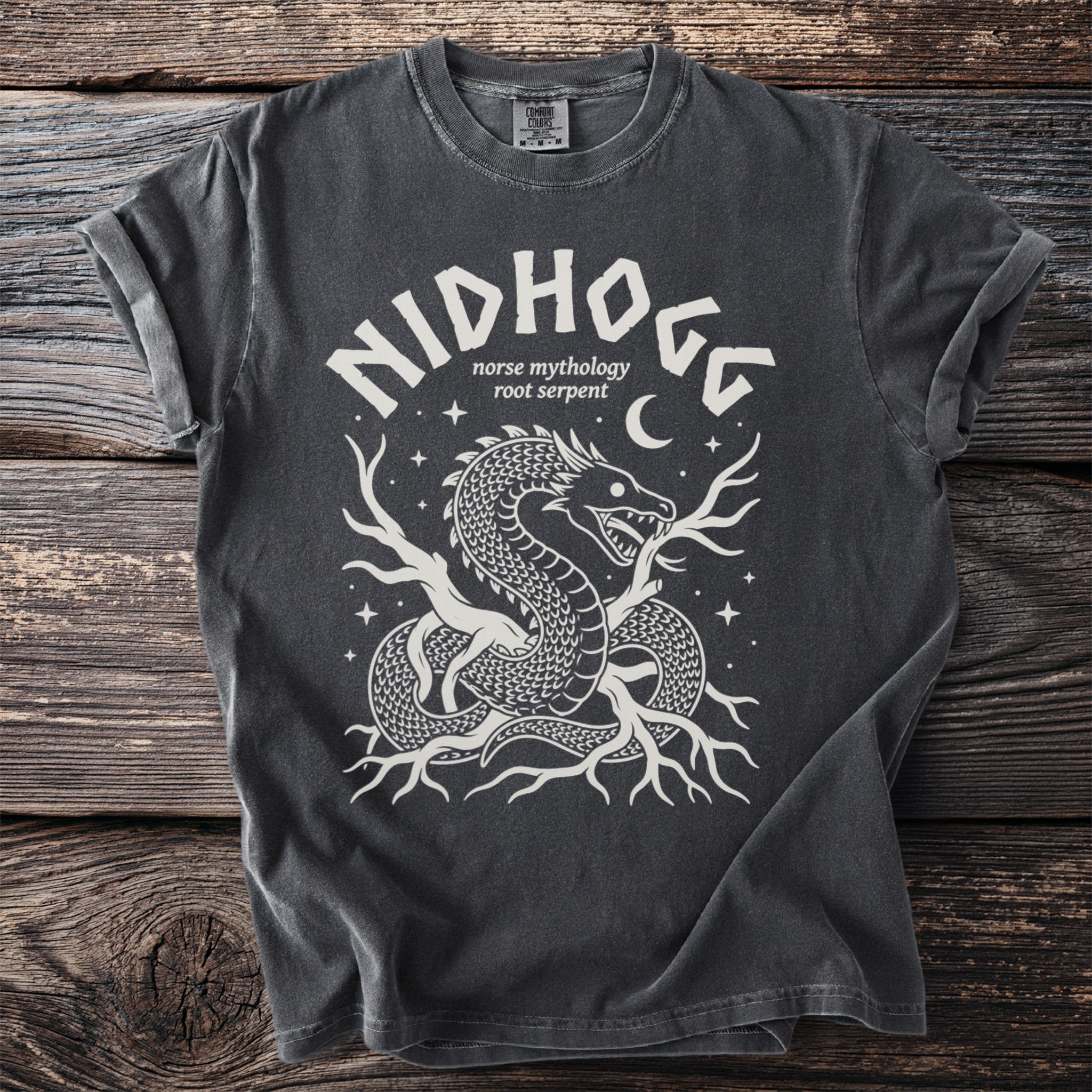 Dark grey t-shirt with white "Nidhoggr norse mythology root serpent" graphic.
