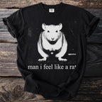 Black t-shirt with a vintage-style graphic of a rat and the text "man i feel like a rat".