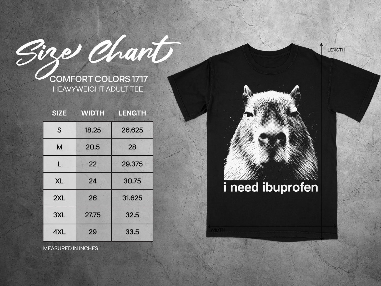 Comfort Colors 1717 garment size chart in inches.